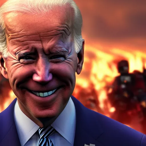 Image similar to joe biden smiling while behind him the world is burning, dramatic lighting, cinematic, establishing shot, extremly high detail, photorealistic, cinematic lighting, artstation, style by James Gurney