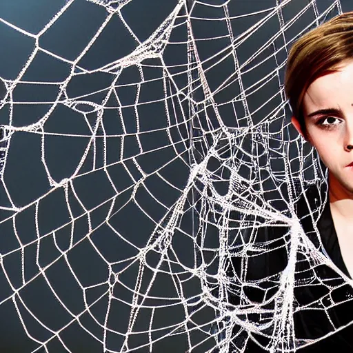 Prompt: emma watson trapped in a giant spider web