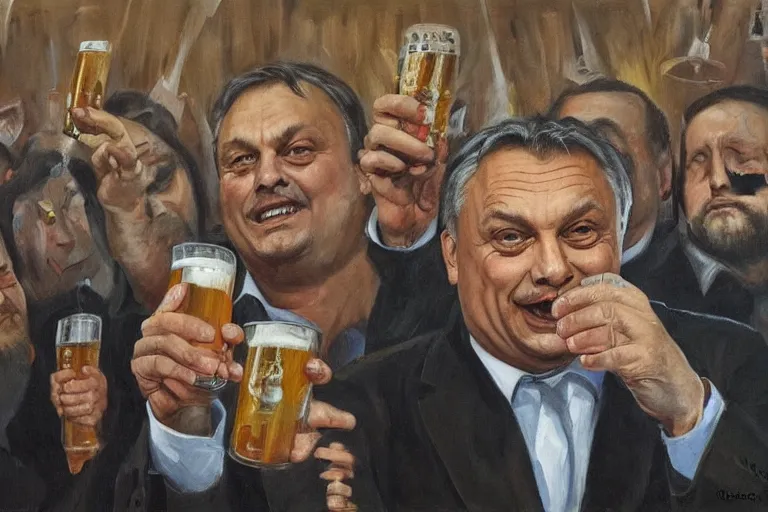 Image similar to viktor orban drinking beer and cheering at the apocalyse, highly detailed eyes, oil on canvas