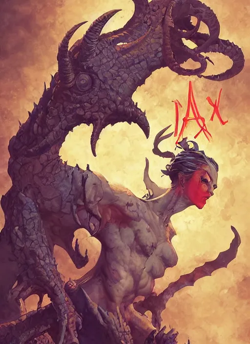 Prompt: demon holding a sign with the word ALEX by artgerm and Craig Mullins, James Jean, Andrey Ryabovichev, Mark Simonetti and Peter Morbacher 16k