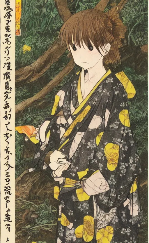 Prompt: by akio watanabe, manga art, medium size boar is curios about girl with brown hair sitting in forest, yellow eyes, weft on clothing, trading card front, kimono, realistic anatomy