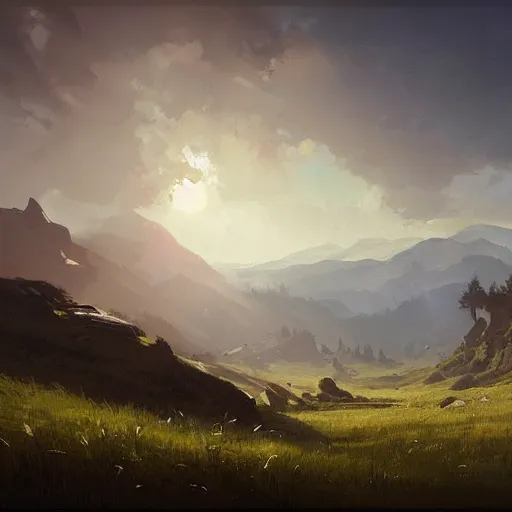 Prompt: summer meadow, hills, landscape, concept art, style of Greg Rutkowski,