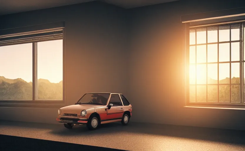 Image similar to a miniature of a Peugeot 309 Vital on a bookshelf near a window at sunset, DOF, octane render, unreal engine 5, godrays, complementary colors, calm, symmetrical, highly detailed, high quality, 4k, beautiful, hyperrealistic