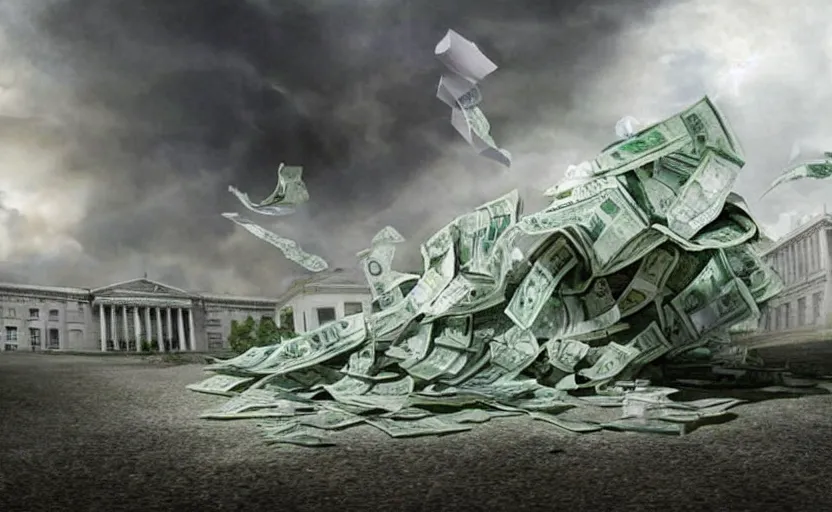 Prompt: A tornado made of cash hitting a government building, landscape art, concept art, intense