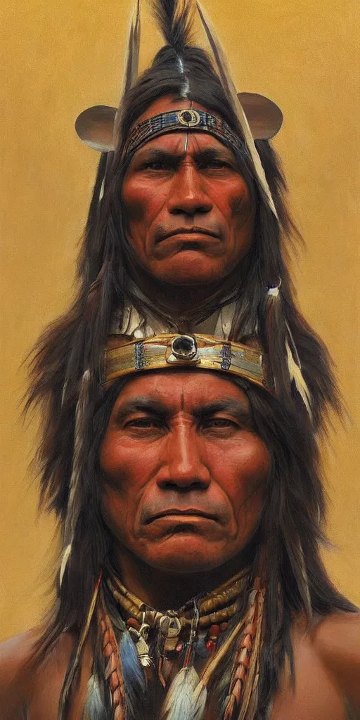 Prompt: a stunning and noble highly detailed portrait of a native american warrior by josep tapiro baro and edward hopper, trending on artstation, oil painting masterpiece, symmetry, mysterious, very very very aesthetic