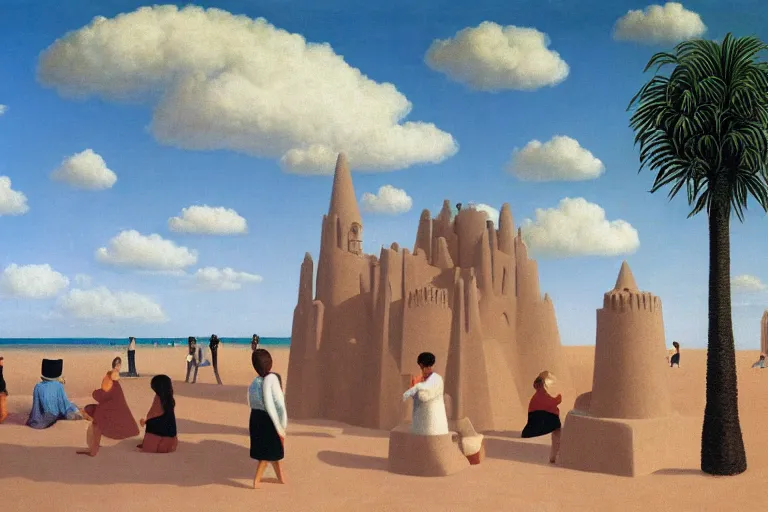 Image similar to a giant sand castle with a small crowd outside on a tropical island, fluffy clouds, blue sky by magritte and de chirico, oil painting, hyper detailed, masterpiece 4 k