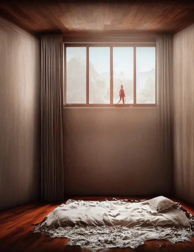 Prompt: an ultra wide angle photo of a bed hovering above the floor in the middle of a giant bedroom with windows opening to other worlds by casey weldon and lee madgewick, photorealistic, octane render, recursive!!!!, flowing, cascading, multiverse!!!!, labyrinthine