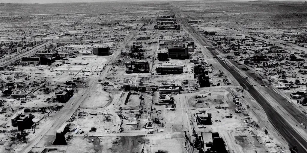 Image similar to ariel shot of irradiated post apocalyptic nuclear wasteland 1950s future destroyed las vegas strip black and white award winning photo highly detailed Arriflex 35 II, lighting by stanley kubrick