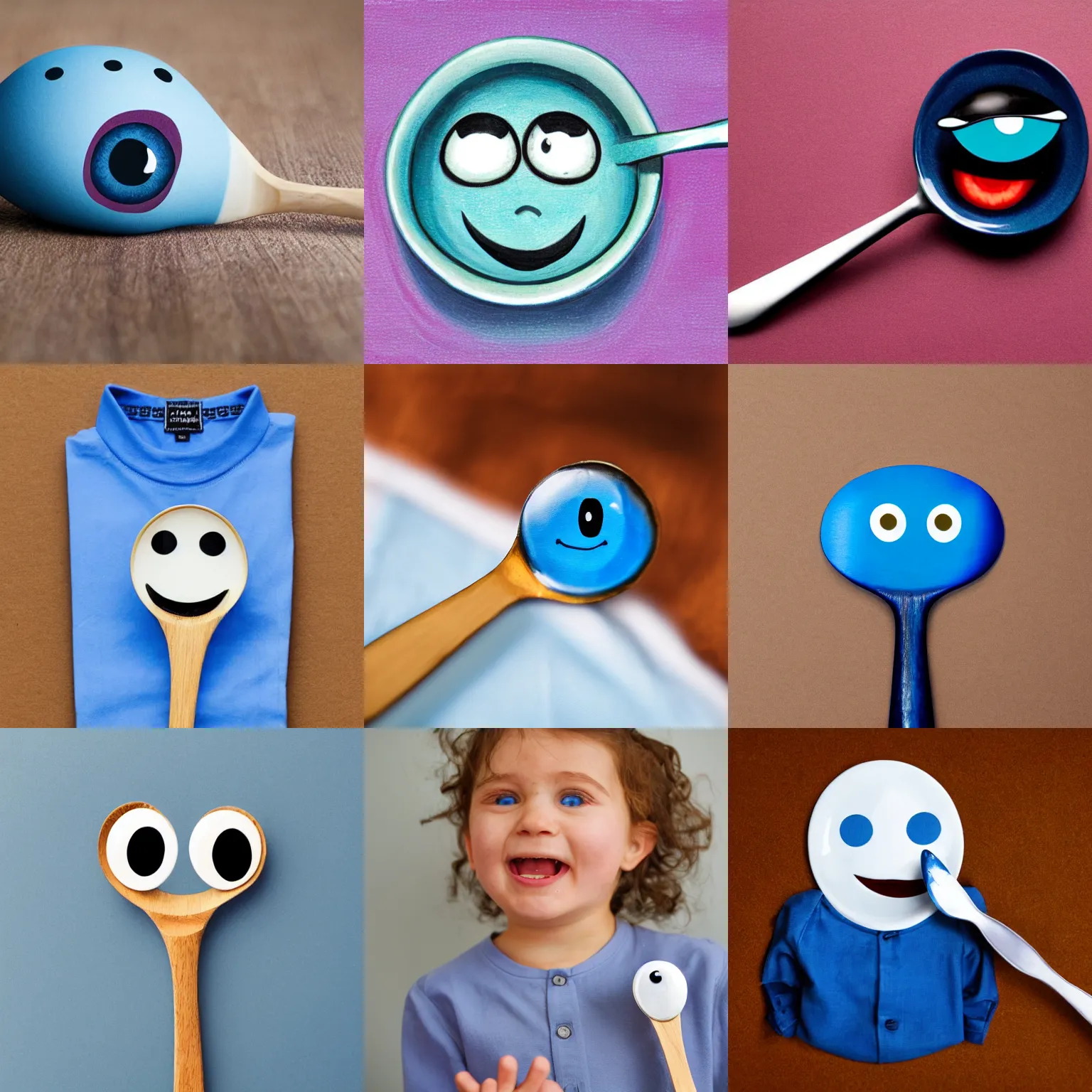 Prompt: a spoon with eyes and a smile, dressed with a blue shirt