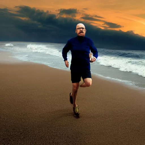 Image similar to Walter White running on the beach, artistic, 8k, cinematic
