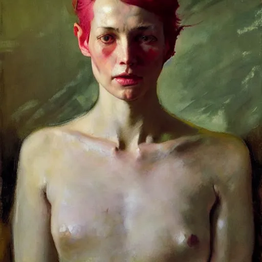 Prompt: A stunning masterful portrait of a striking cryptopunk woman with short pink hair and high cheek bones by Andrew Wyeth, John Singer Sargent, and Norman Rockwell, natural light, oil painting, ethereal, earth tones, strong brushwork