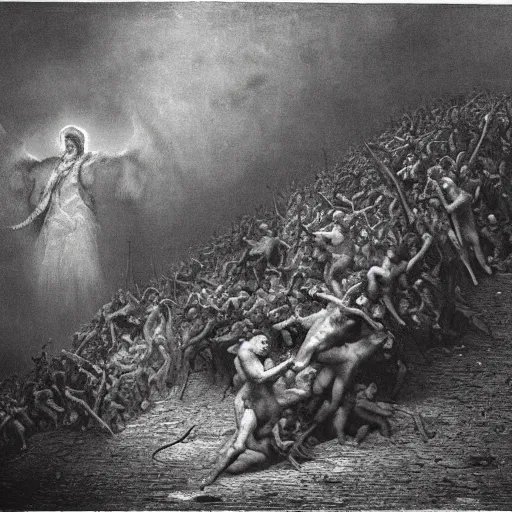 Prompt: this is hell, oil painting by gustave dore