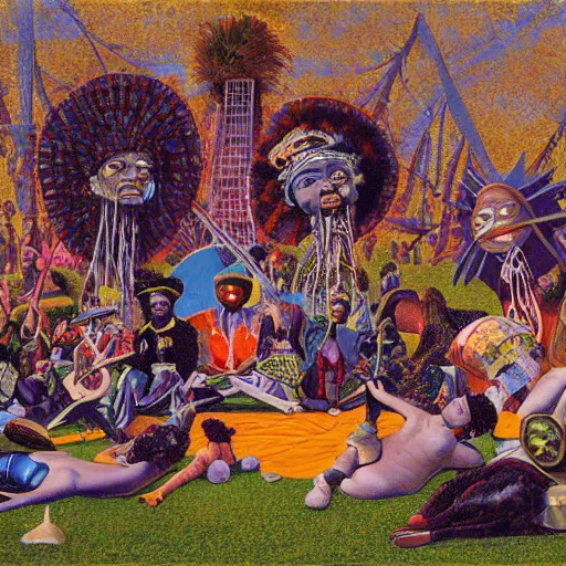 Image similar to artwork of pedro bell, parliament, funkadelic, george clinton, bootsy collins, the mothership, chocolate city, a sunday afternoon on the island of la grande jatte