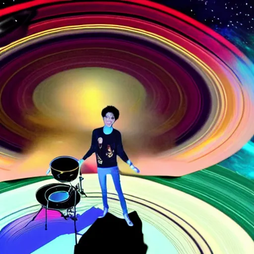 Image similar to anime of jacob collier on space hitting saturn rings with drum sticks