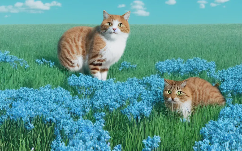 Prompt: a cute cat in a field of turquoise blue flowers, concept art, 8 k, octane render, by julius adam ii and studio ghibli