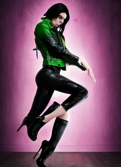 Image similar to a photo of 8 k ultra realistic a black haired female in high heels and a black leather jacket, pink, purple, green, yelow, red, blue, white neon, art by lise deharme