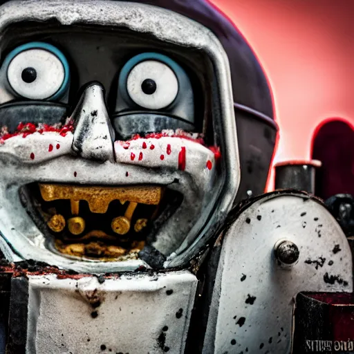 Prompt: a photo of thomas the train after he's been turned into a zombie, with sharp jagged teeth, and vicious blood thirsty eyes. f / 1 6, 3 5 mm, award - winning photography, soft lighting