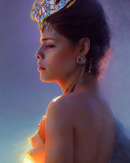 Image similar to Pride as a beautiful latino princess, gorgeous, portrait, powerful, intricate, beautiful, masterpiece, elegant, volumetric lighting, back lighting, rimlight, dramatic lighting, digital painting, highly detailed, artstation, sharp focus, illustration, Artgerm, Jean-Léon Gérôme , ruan jia