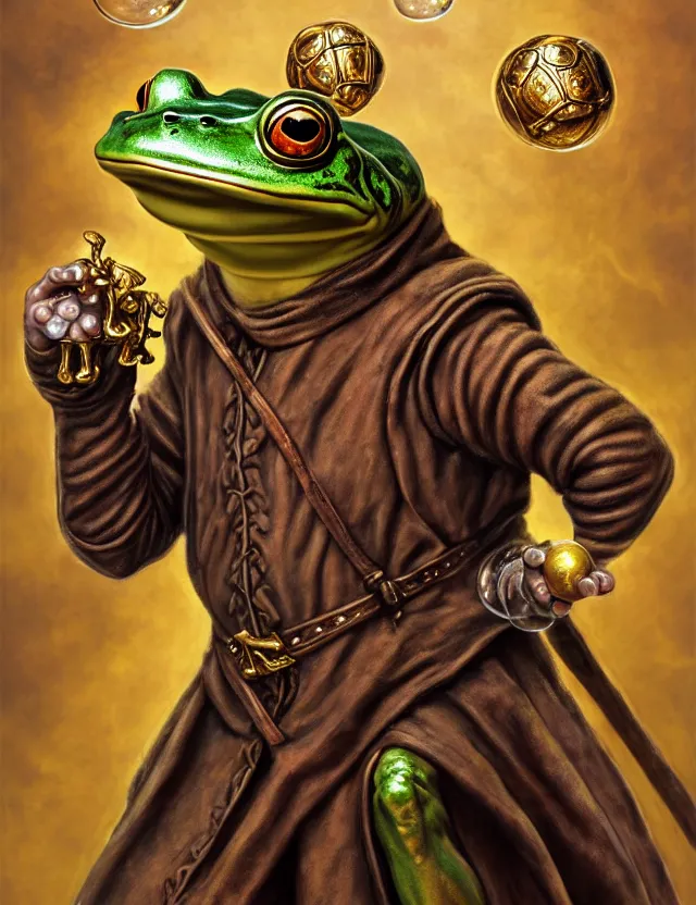 Prompt: anthropomorphic bipedal frog that is dressed as a renaissance fighter, and holding brass knuckles, as a matte oil painting and d & d character art, by alex grey, standing, fullbody, floating bubbles, mystic, fog, concept art, award - winning, extremely detailed, sharp focus