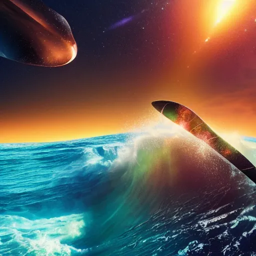 Image similar to photo of a alien surfing a surfboard on a crashing l wave of alien ocean in space, background is an alien galaxy, aliens in the background, alien colors, octane render, unreal engine, wide view, 8 k, high detaild