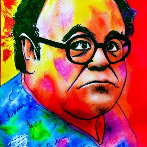 Image similar to a childrens drawing of danny devito, crayon art, watercolor, markers, high quality, high resolution