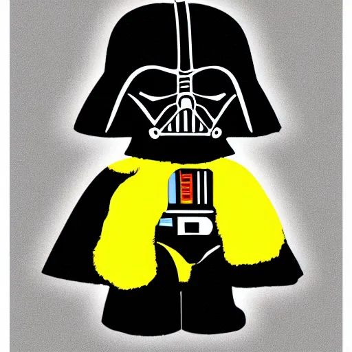 Prompt: darth vader hemlet symmetrical worn by a fuzzy yellow duck, portrait in the style of american gothic