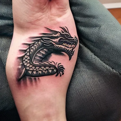 Image similar to Arm tatoo of a dragon starting from the elbow, wrapping around the wrist in a downward spiral, emerald placed inside of the dragons mouth