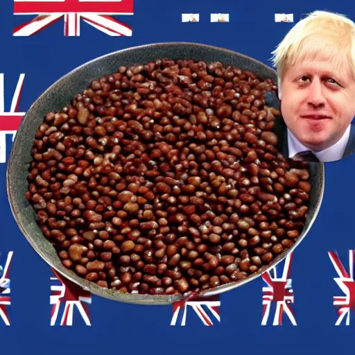 Image similar to boris johnson baked into a bowl of beans