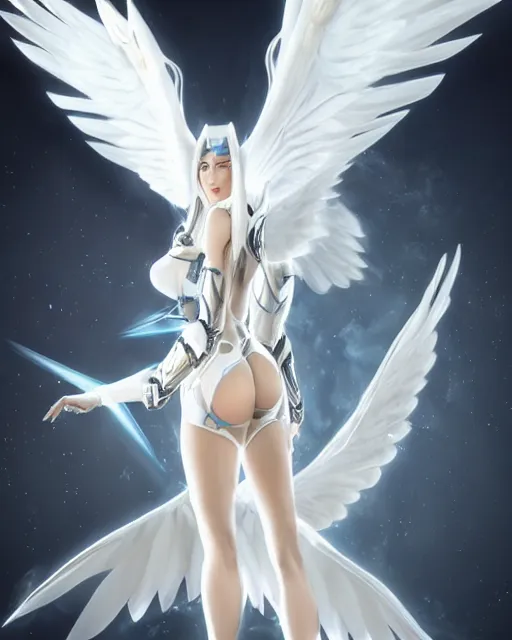 Image similar to perfect white haired attractive egyptian goddess with huge white dove wings, warframe armor, beautiful, symmetric, dreamy, half asian, pretty face, blue eyes, detailed, scifi platform, laboratory, experiment, 4 k, ultra realistic, epic lighting, android body, illuminated, cinematic, masterpiece, art by akihito tsukushi, voidstar