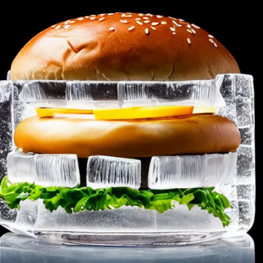 Image similar to a clear ice sculpture of a burger made entirely of ice, 4 k