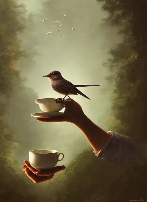 Image similar to a bird holds a cup of tea in its hands, hyperrealism, no blur, 4 k resolution, ultra detailed, style of tyler edlin, tom bagshaw, arthur rackham, ivan shishkin