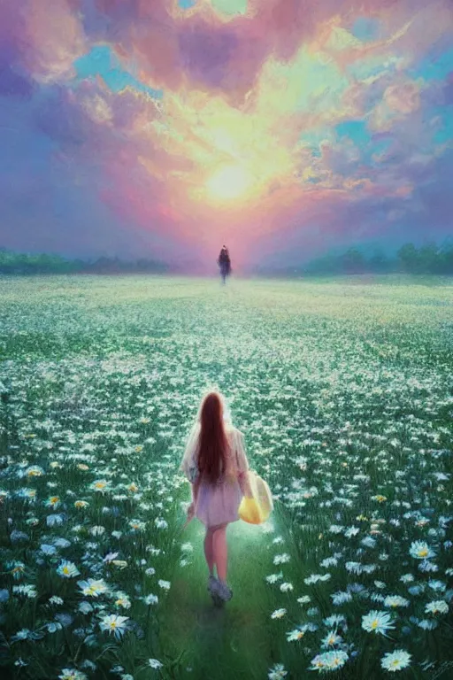 Image similar to white daisy flowers as head veil, girl walking in a flower field, surreal photography, sunrise, dramatic light, impressionist painting, colorful clouds, digital painting, artstation, simon stalenhag