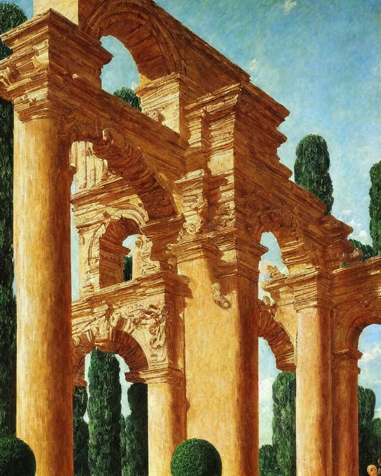 Prompt: achingly beautiful painting of intricate ancient roman arch on coral background by rene magritte, monet, and turner. giovanni battista piranesi.