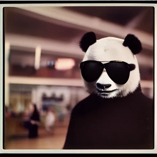 Image similar to grainy head to shoulder portrait polaroid film photograph of a panda in a mall wearing aviator shades. super resolution. surreal. extremely detailed. polaroid 6 0 0 film. by annie leibovitz and richard avedon