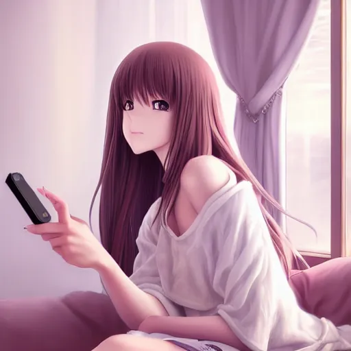 Prompt: beautiful serene intricate very detailed portrait of a realistic anime girl taking a selfie, smiling softly, wearing casual clothes, relaxing on the couch, interior lighting, cozy living room interior, soft focus, 8 k, art by irakli nadar, hyperrealism, hyperdetailed, ultra realistic