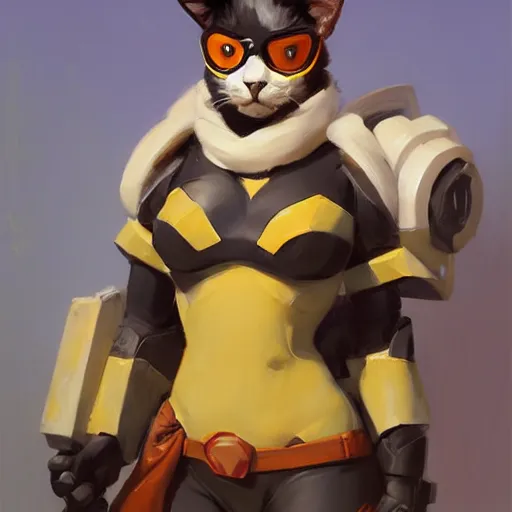 Image similar to greg manchess portrait painting of partially armored purrfect protagonist cat as overwatch character, medium shot, asymmetrical, profile picture, organic painting, sunny day, matte painting, bold shapes, hard edges, street art, trending on artstation, by huang guangjian and gil elvgren and sachin teng