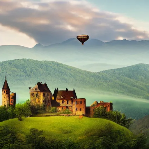 Prompt: Vast verdant valley surrounded by Transylvanian mountains, with a large zeppelin hovering in the foreground, and a ruined medieval castle on the hillside in the background. Late evening light, gloomy weather. Hyperrealistic, high quality, sharp, photography.