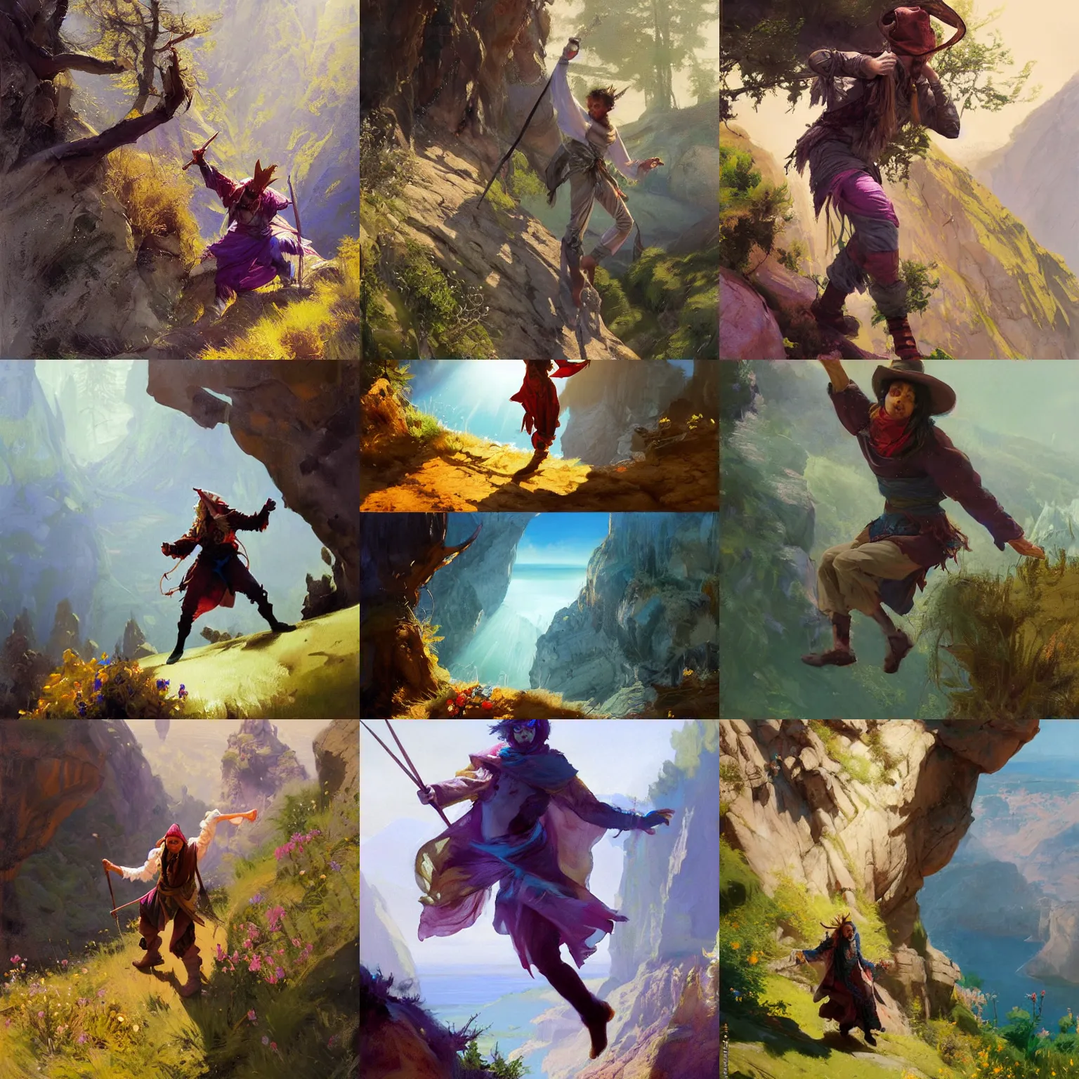 Prompt: oil art of young jester stumbling off a cliffside with hex magic in style of disco elysium character, gipsy jester character design from ravenloft, art by anders zorn, wonderful masterpiece by greg rutkowski, beautiful cinematic light, american romanticism by greg manchess, jessica rossier