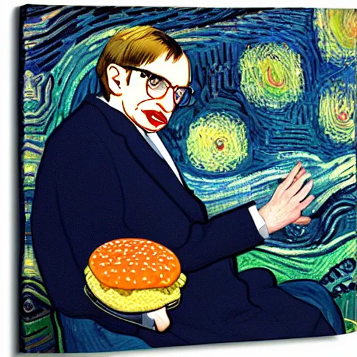 Prompt: portrait of stephen hawking with a giant hamburger. painting by vincent van gogh, oil on canvas
