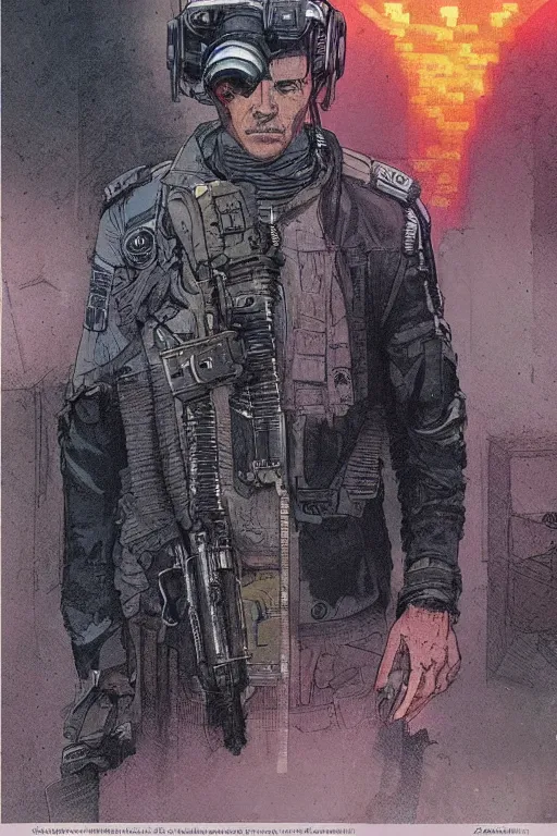 Prompt: zazie the ghost. blackops mercenary in near future tactical gear and cyberpunk headset. Blade Runner 2049. concept art by James Gurney and Mœbius.