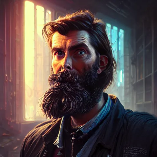 Image similar to portrait painting of a cyberpunk dwarf mechanic bearded david tennant, ultra realistic, concept art, intricate details, eerie, highly detailed, photorealistic, octane render, 8 k, unreal engine. art by artgerm and greg rutkowski and charlie bowater and magali villeneuve and alphonse mucha