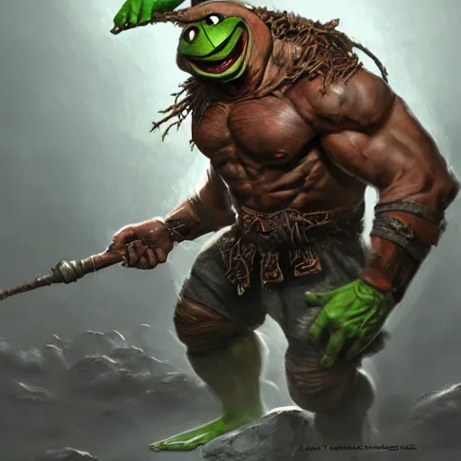 Image similar to kermit the frog as a buffed up orc like warrior, ultrarealistic, dramatic lighting, electrical details, high details, 4 k, 8 k, best, accurate, trending on artstation, artstation, photorealism, ultrarealistic, digital painting, style of peter mohrbacher, caravaggio, boris vallejo