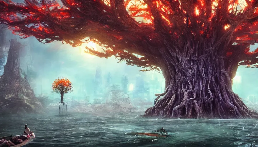 Image similar to ben lo illustration of the largest tree in the world inside rapture in the center of a lake, bioshock concept art, solarpunk, hopeful, colorful, flowers, deity, unreal engine, hyper realism, realistic shading, cinematic composition, realistic render, octane render, detailed textures, photorealistic, wide shot