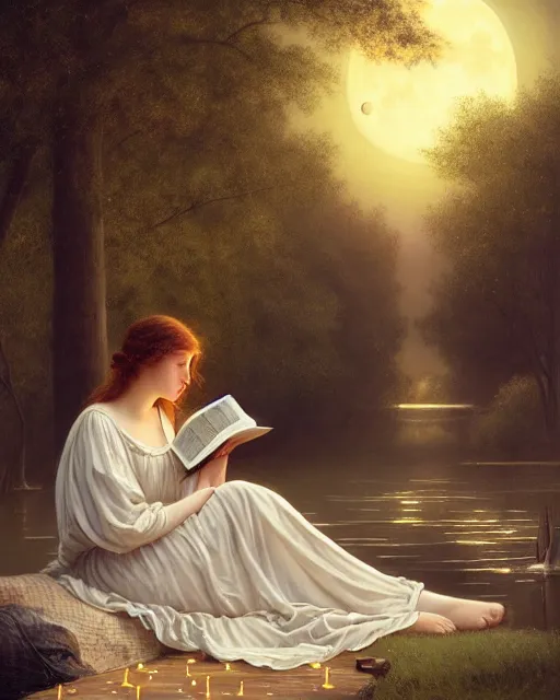 Image similar to a girl in white nightgown reading a book by the river, a full moon on the horizon, dark starry sky, golden orbs and fireflies, illustration, dramatic lighting, art nouveau, highly detailed face, 8 k, hd, by edmund blair leighton, brom, charlie bowater, trending on artstation, faces by tom bagshaw, sargent