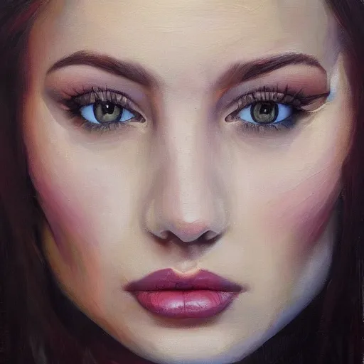 Image similar to portrait close-up face centre oil on canvas of Lilli Hollunder, wavy brunnete, art by Alina Ivanchenko, Rob Ross, artgerm