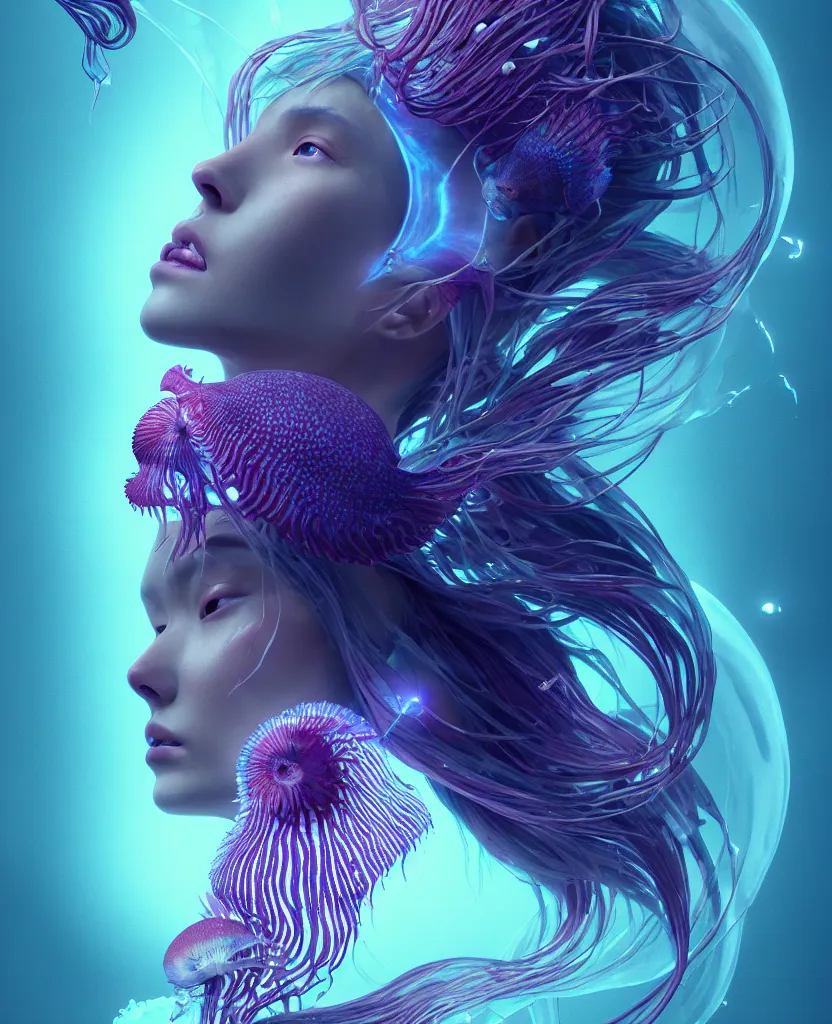 Image similar to goddess close-up portrait. orchid jellyfish phoenix head, nautilus, skull, betta fish, bioluminiscent creatures, intricate artwork by Tooth Wu and wlop and beeple. octane render, trending on artstation, greg rutkowski very coherent symmetrical artwork. cinematic, hyper realism, high detail, octane render, 8k