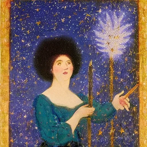 Prompt: The experimental art features a woman with wings made of stars, surrounded by a blue and white night sky. The woman is holding a staff in one hand, and a star in the other. She is wearing a billowing white dress, and her hair is blowing in the wind. violet by Mordecai Ardon, by Ivan Shishkin turbulent, earthy