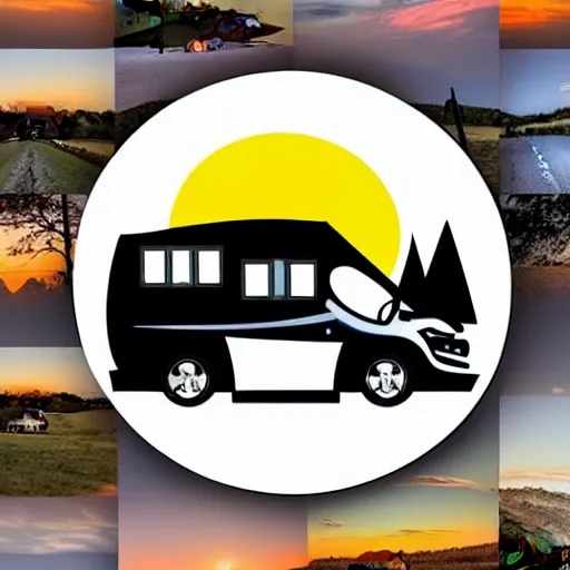 Image similar to white and black cute thor chateau motorhome camper, highway, mountains and sunset!!, everything enclosed in a circle, happy, professional colorful logo illustration