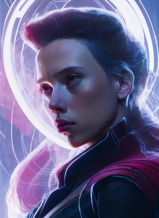 Prompt: character design by james jean, jakub rebelka, tran nguyen, yoann lossel, wadim kashin ( ( ( portrait of scarlett johansson as scarlet witch from avengers endgame ) ) ) emerging from a magic portal, sharp edges. ultra clear detailed. 8 k. ultra detailed, majestic, seductive