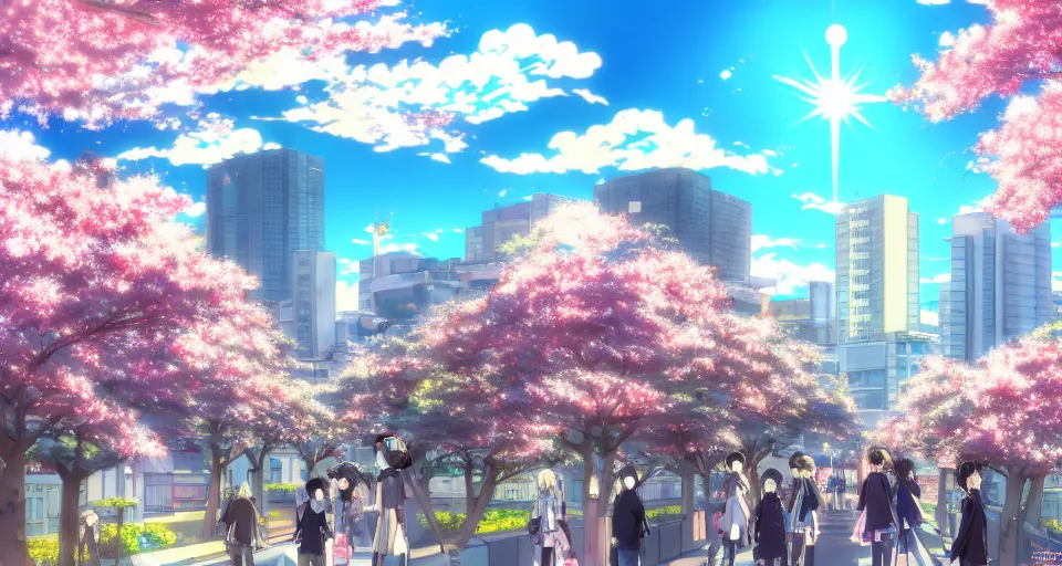 Prompt: anime style cityscape, spring season city, cherry blossoms blowing in the wind, day time, sun high in the sky, sun glare, clear weather, blue sky, tokyo japan, some people walking, people are detailed, high detail and sharp, detailed shading, trending on artstation, wallpaper, anime art style, kyoto animation productions, koyoharu gotouge